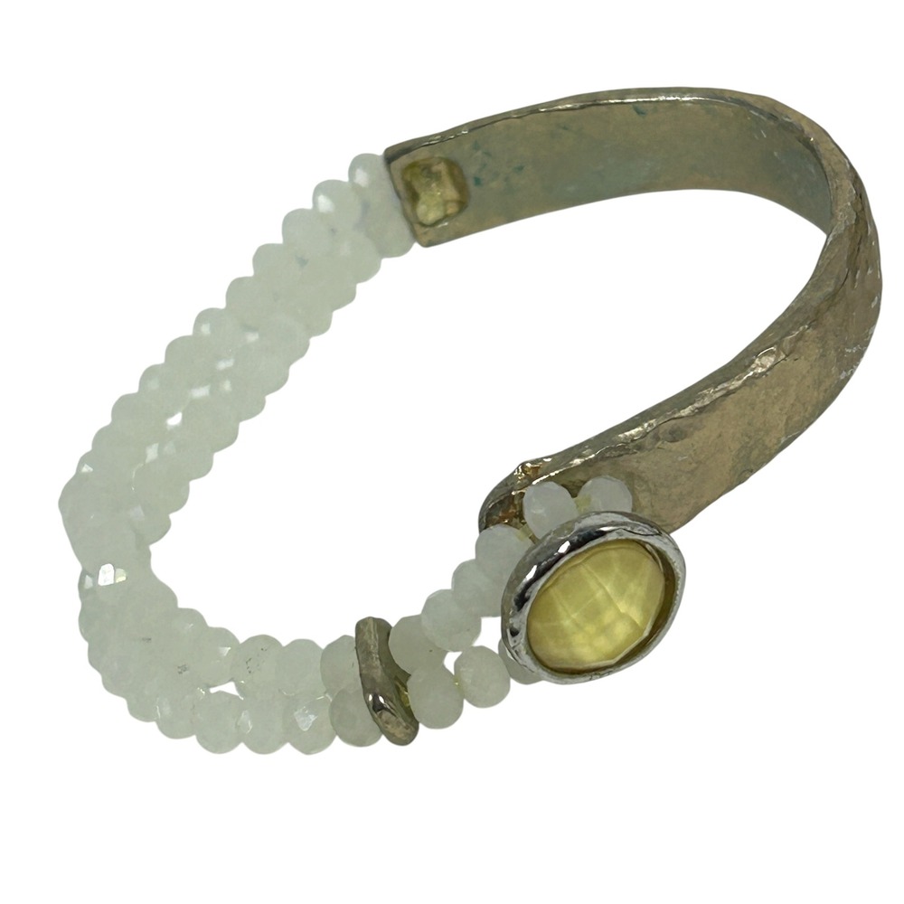 Hammered Gold Tone Cuff White Beaded Stretch Bracelet Yellow Cabochon Stone